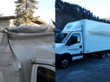 Kofferaufbau mit Anfahrschaden.