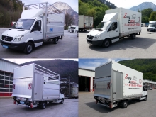 MB Sprinter mit Alu-Pritschenaufbau, Planengestell, Seitentüre und 750 kg BÄR Ladebordwand.