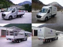 OPEL Movano mit Alu-Pritschenaufbau, Planengestell und 3D-GFK-Spoiler.